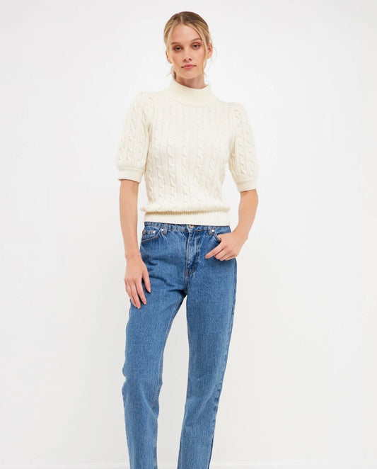 Cream Cable Knit Short Sleeve Sweater