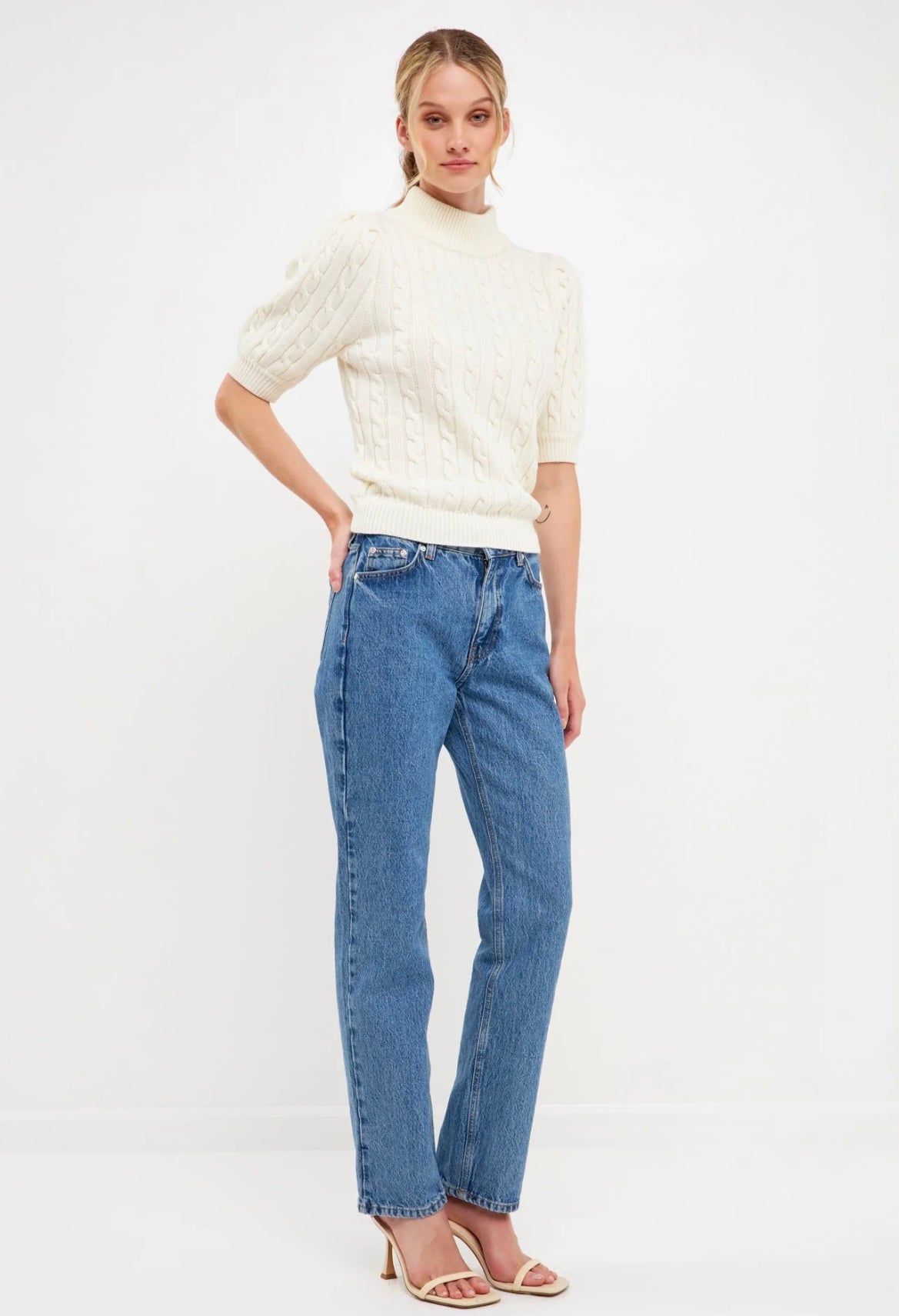 Cream Cable Knit Short Sleeve Sweater