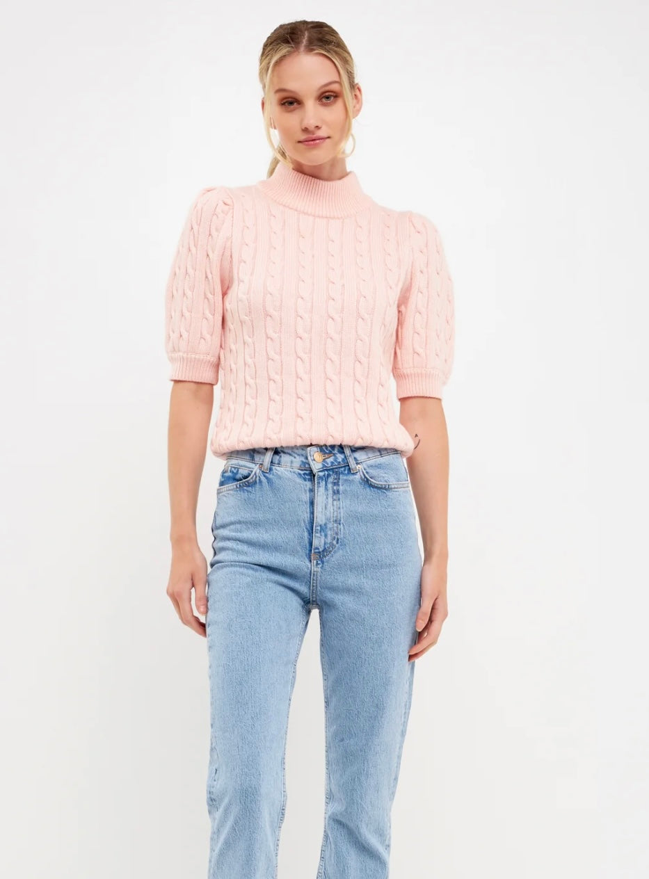 Peony Pink Cable Knit Short Sleeve Sweater
